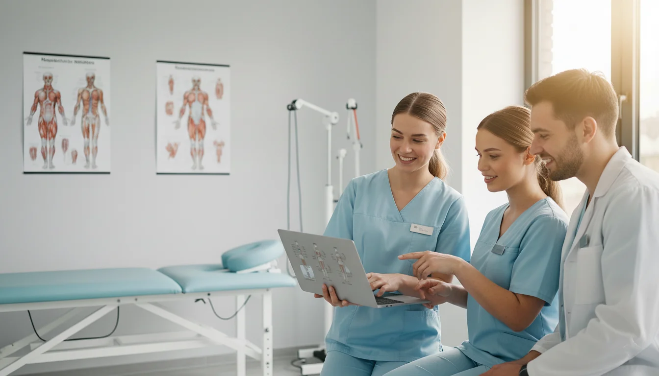 fizioterapeuți discută strategii de tratament într-un mediu de clinica modern